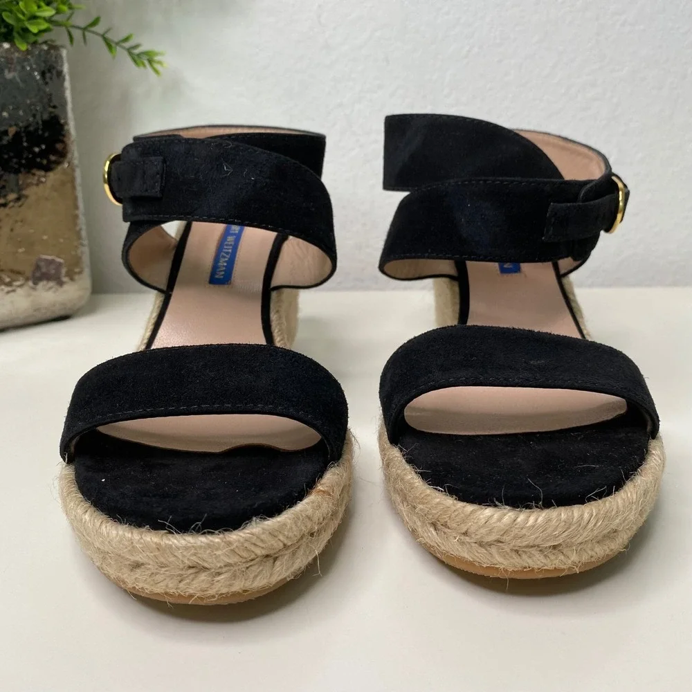 Stuart‎ Weitzman Lexia Espadrille Wedge Sandal Ankle Strap Black Suede Size 8